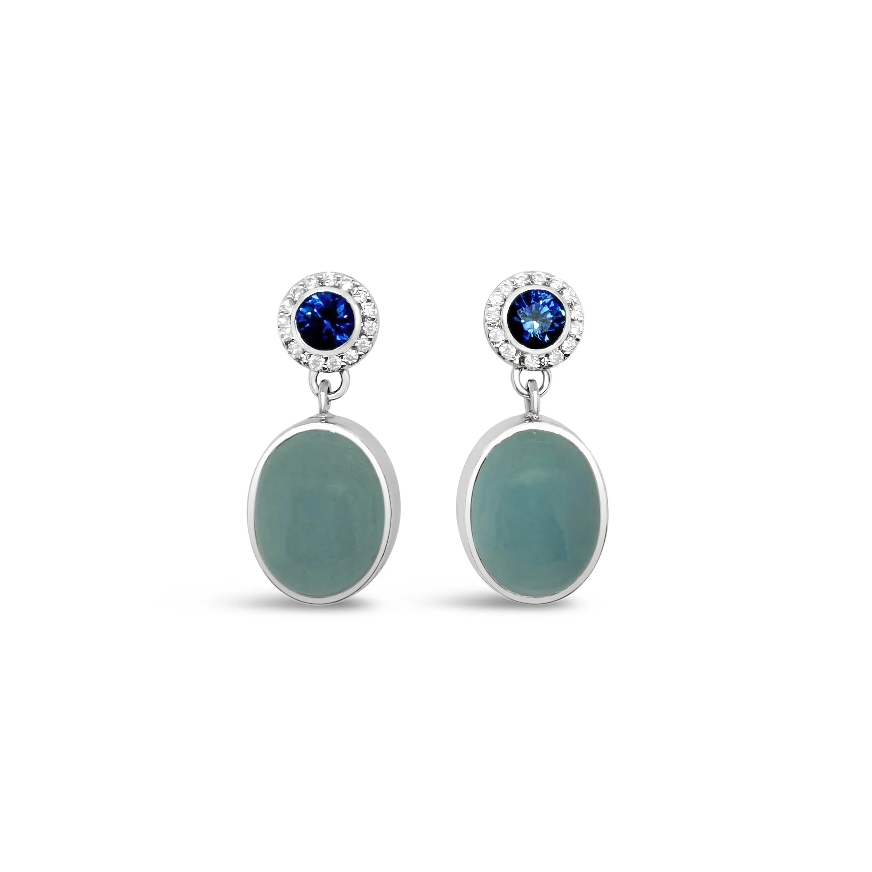 Aquamarine Cabochon & Sapphire Halo Earrings