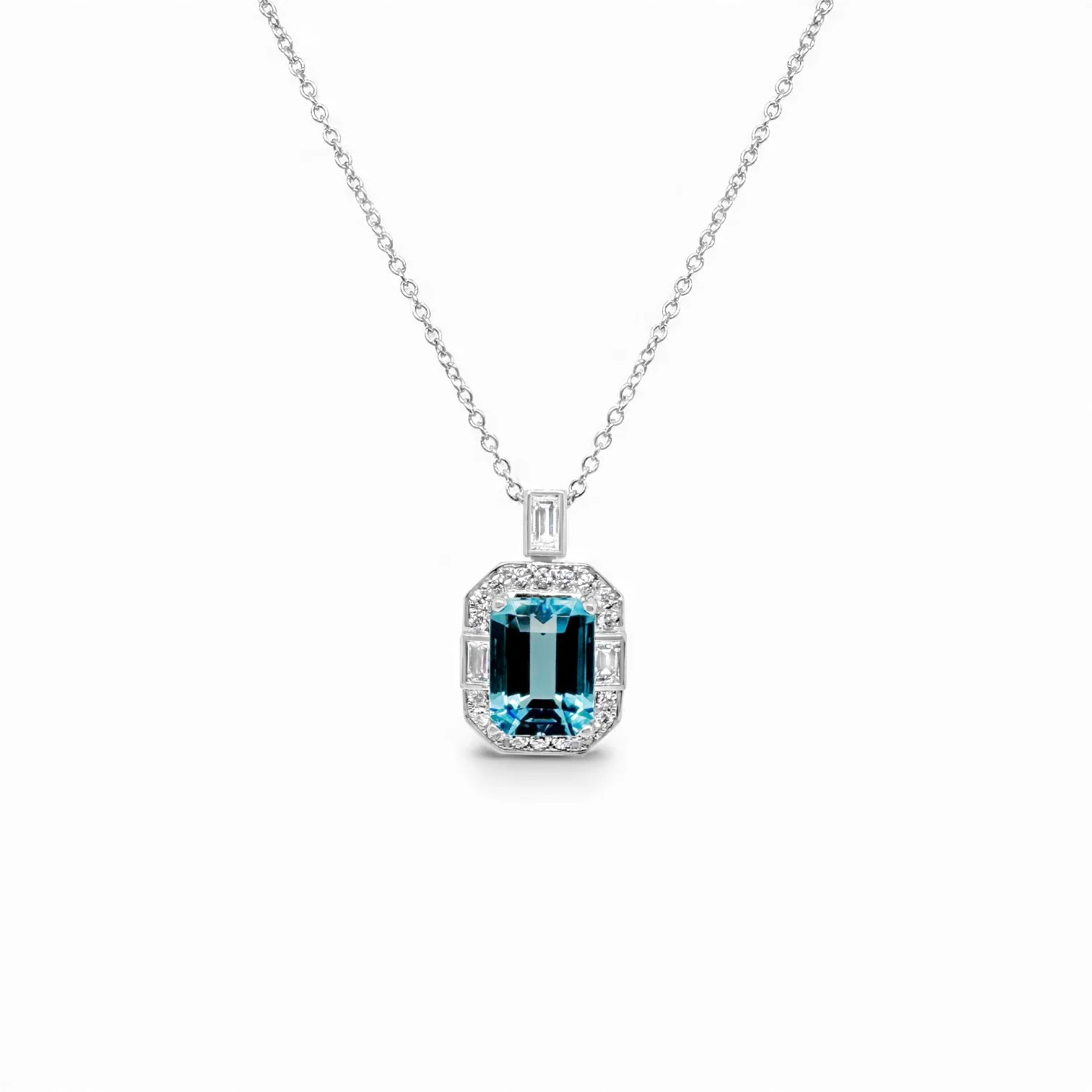 Aquamarine & Diamond Deco Pendant Necklace