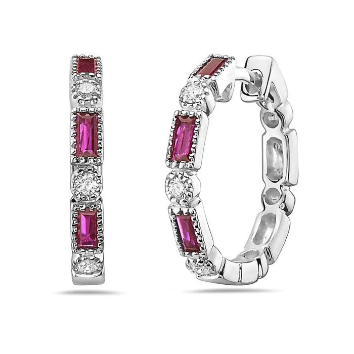 Baguette Ruby & Diamond Bezel Hoop Earrings