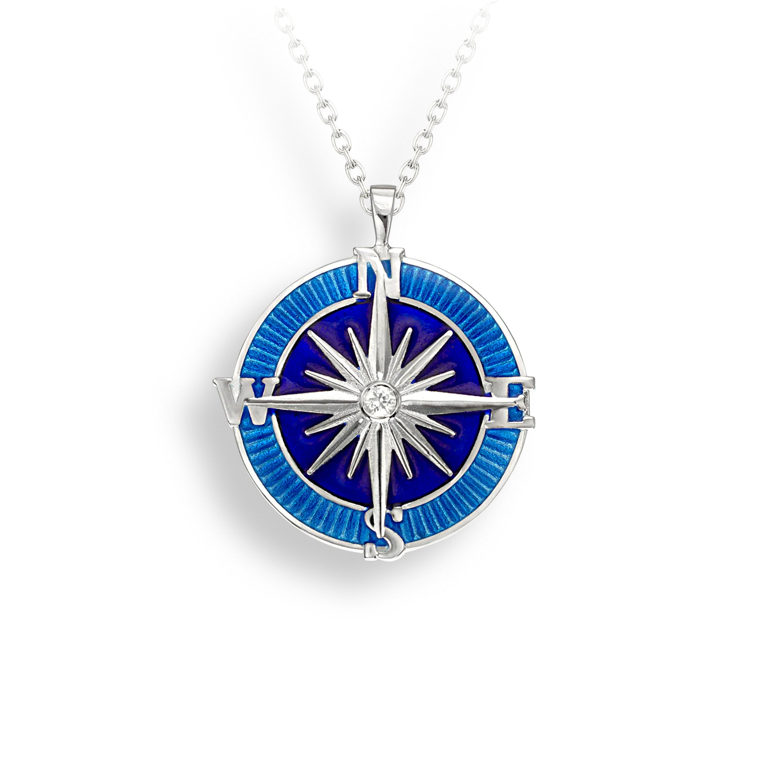 Blue Enamel & Silver Large Compass Rose Necklace