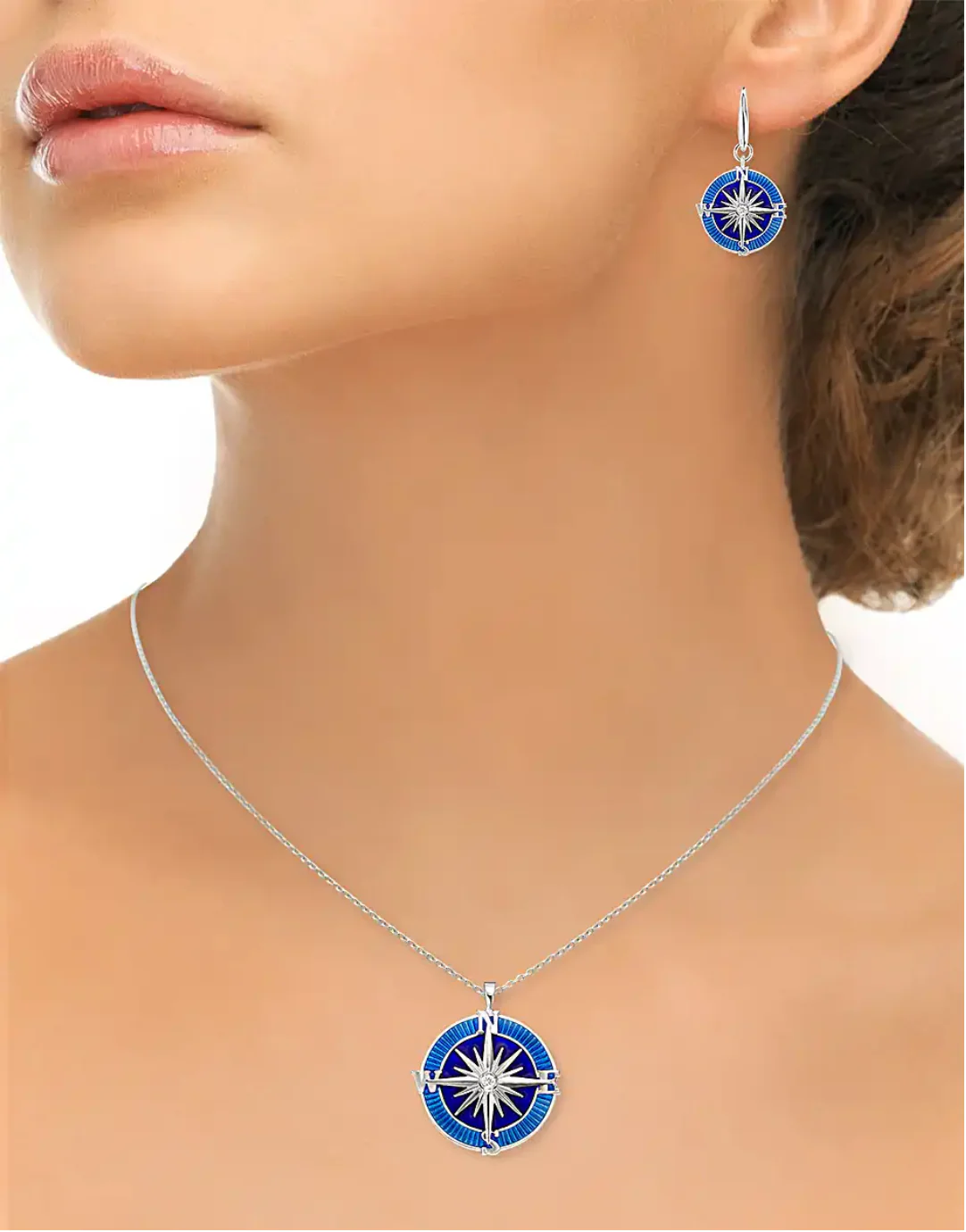 Blue Enamel & Silver Large Compass Rose Necklace - Image 2