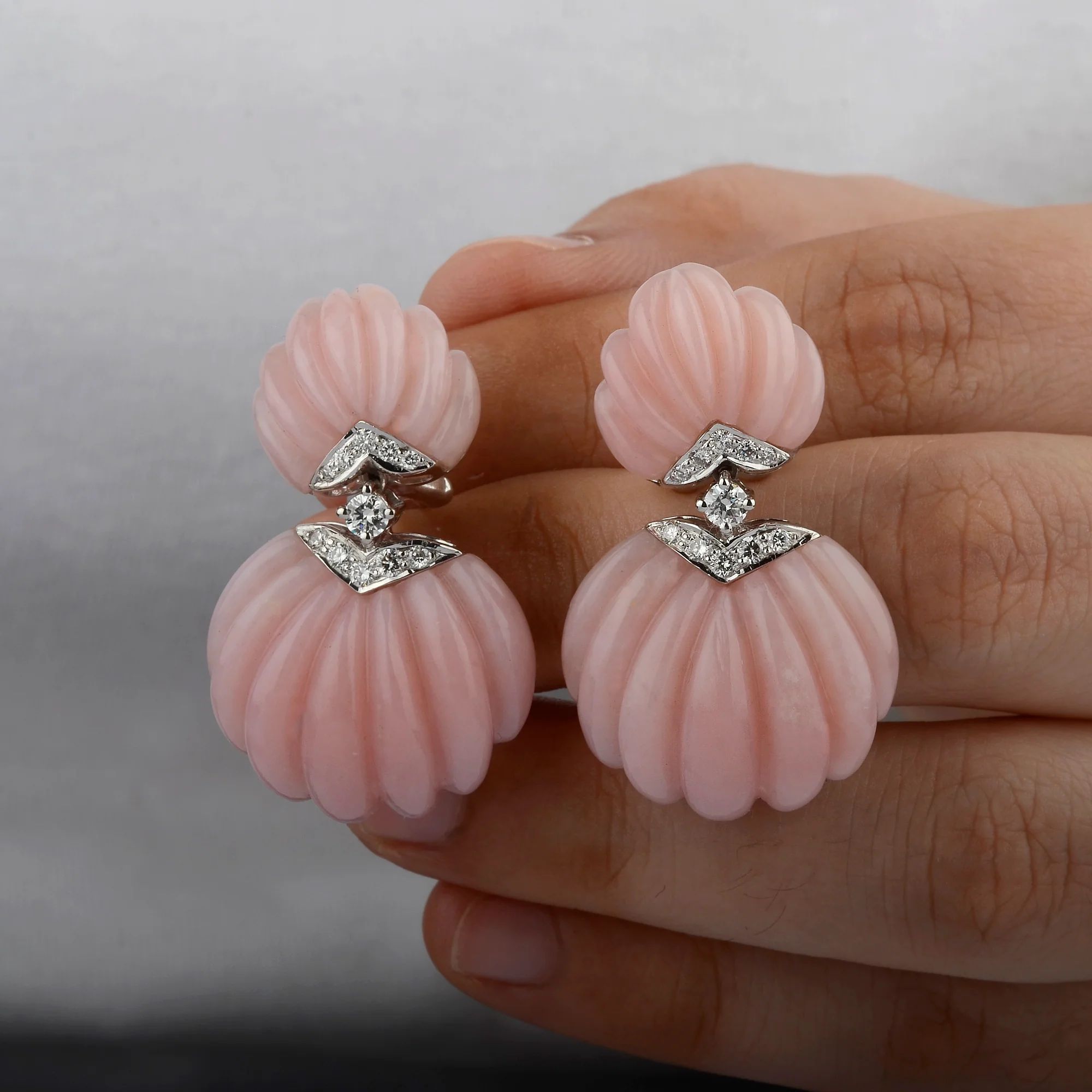 Carved Pink Opal & Diamond Deco Earrings - Image 3