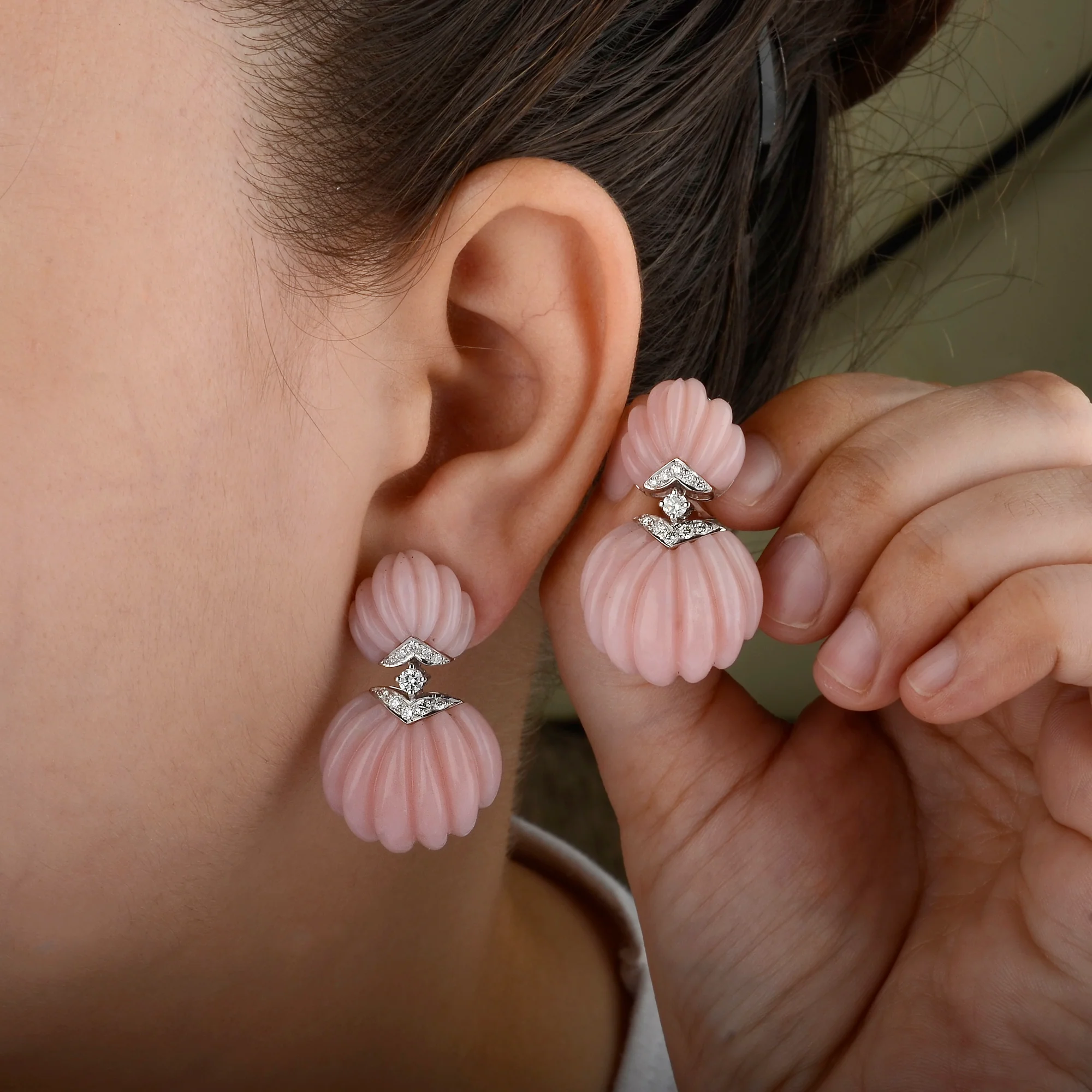 Carved Pink Opal & Diamond Deco Earrings - Image 4