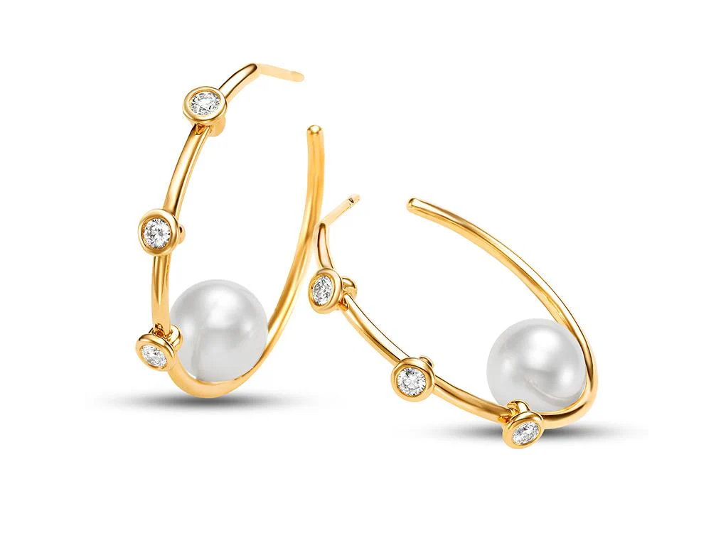 Cultured Pearl & Diamond Aida Hoop Earrings - Image 3