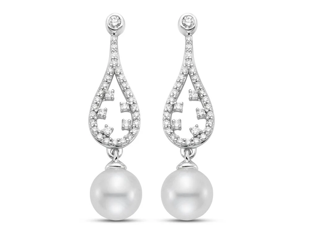 Cultured Pearl & Diamond Raindrop Earrings - Image 2