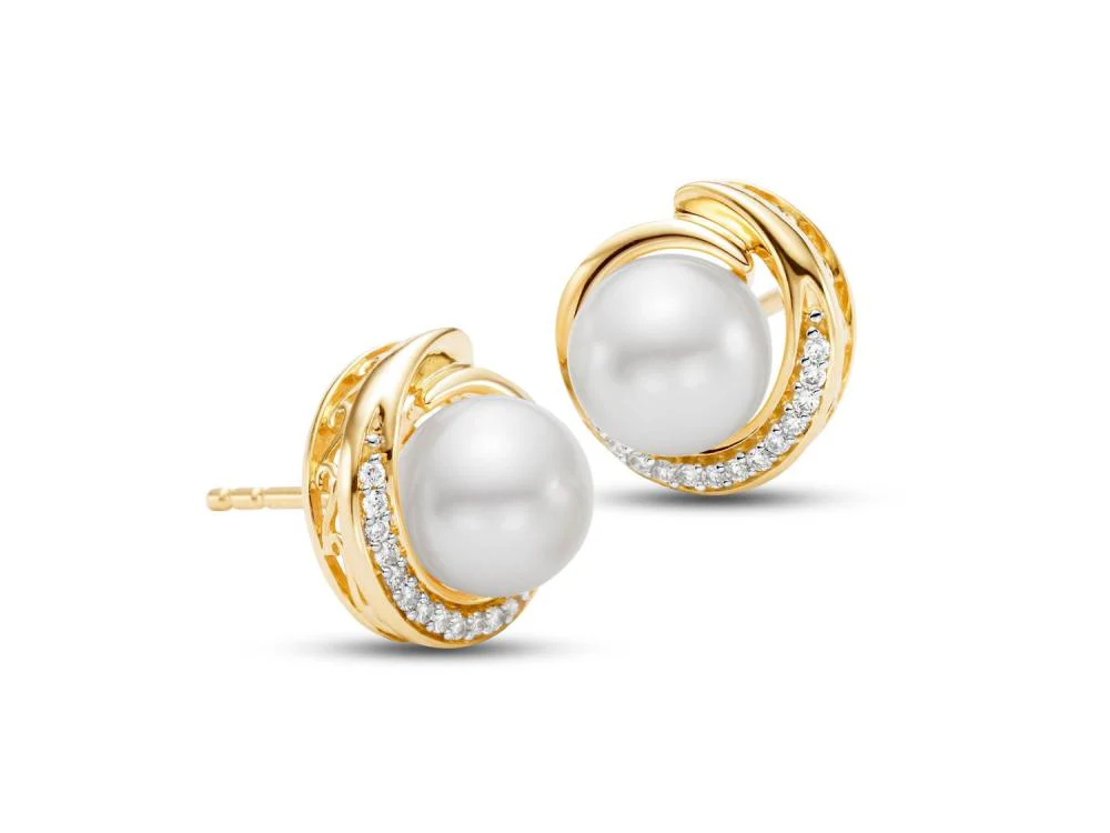 Cultured Pearl & Diamond Swirl Stud Earrings - Image 2