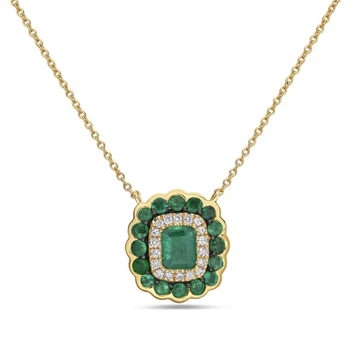 Emerald & Diamond Scalloped Halo Necklace