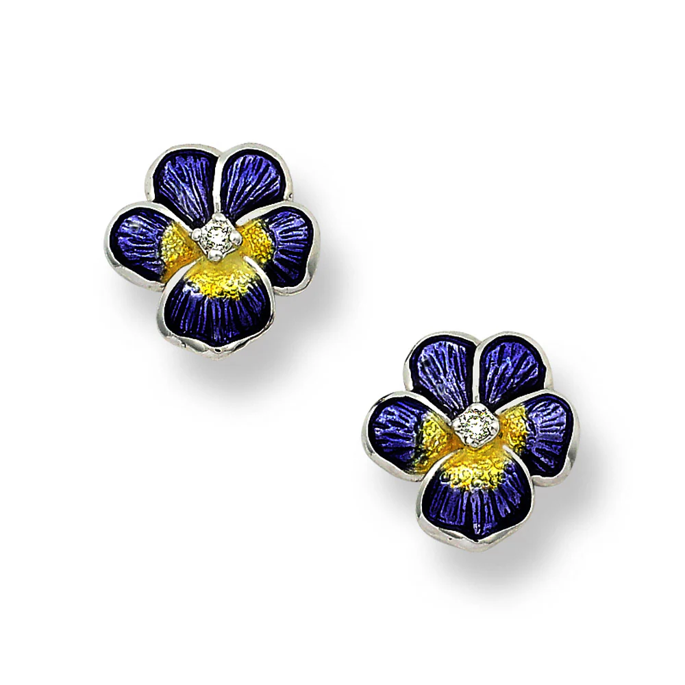 Enamel Pansy Flower Stud Earrings