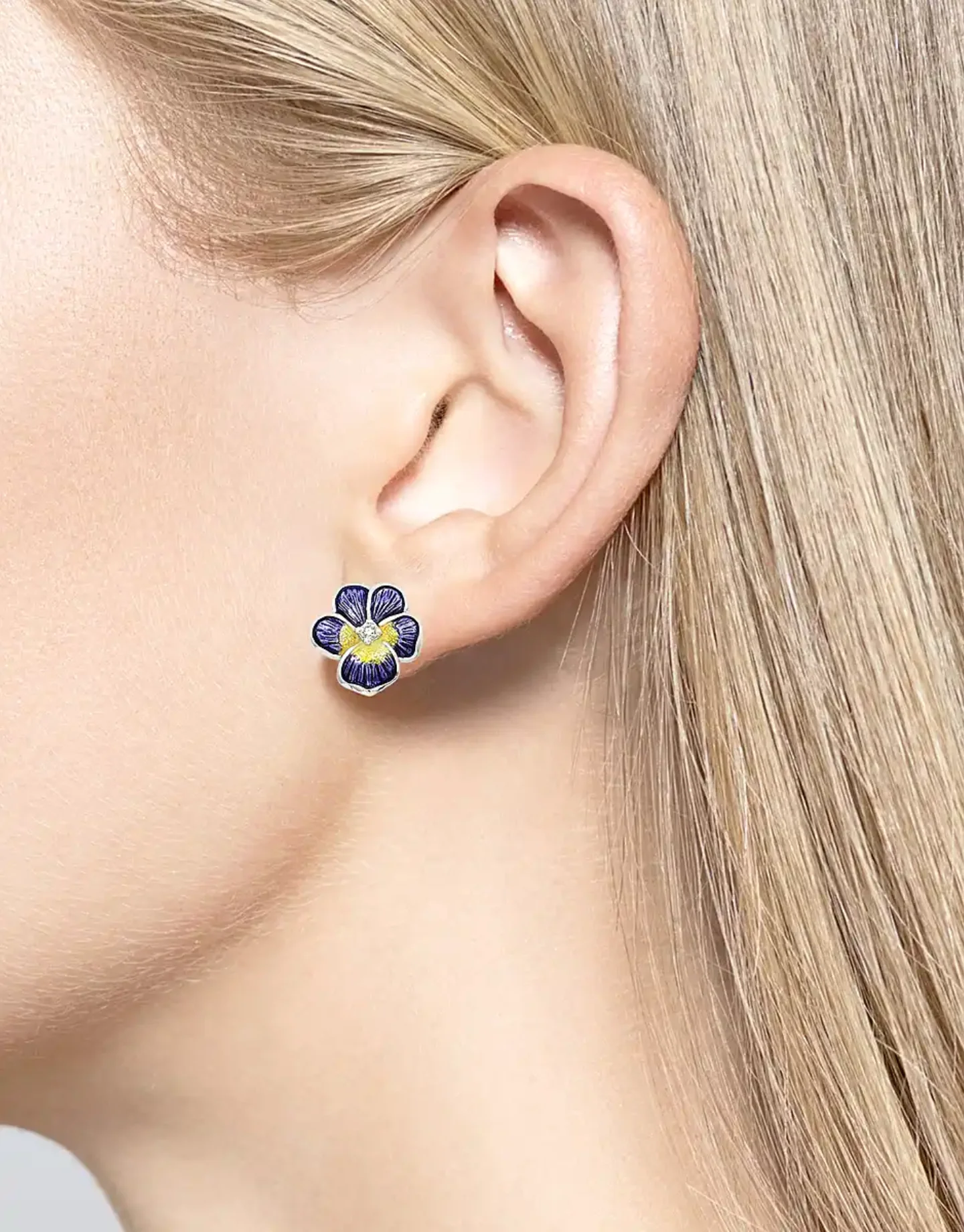 Enamel Pansy Flower Stud Earrings - Image 2