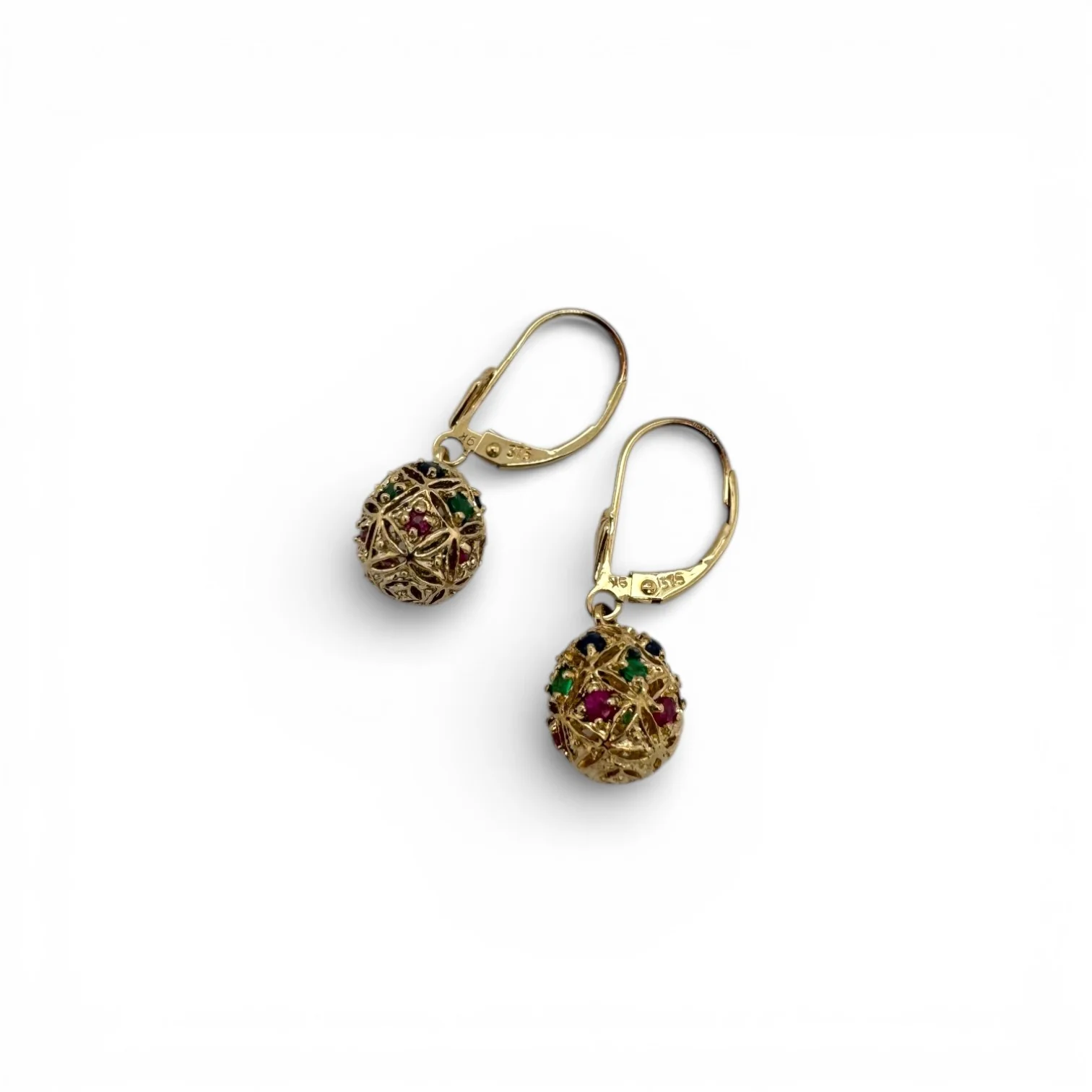 Estate 9k Ruby, Sapphire & Emerald Ball Drop Earrings