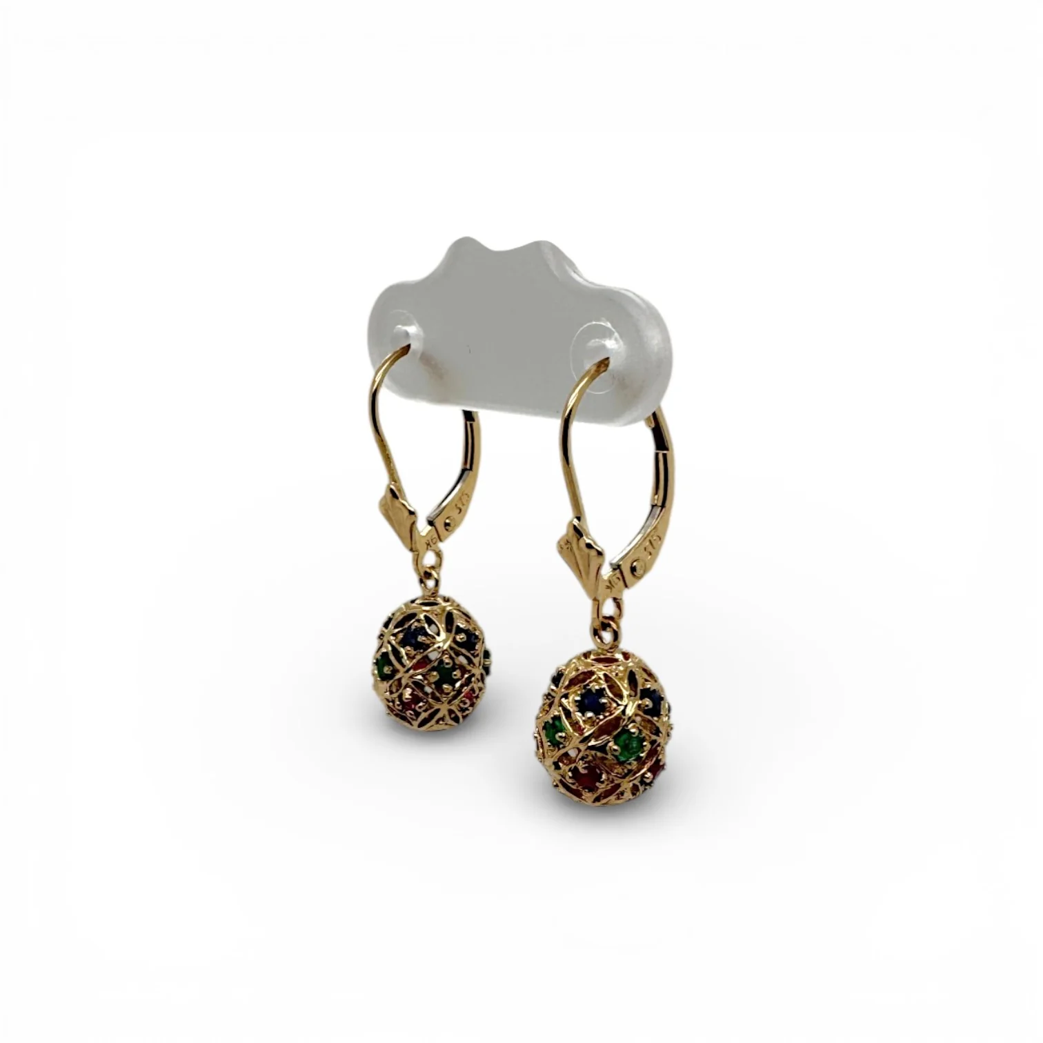 Estate 9k Ruby, Sapphire & Emerald Ball Drop Earrings - Image 2