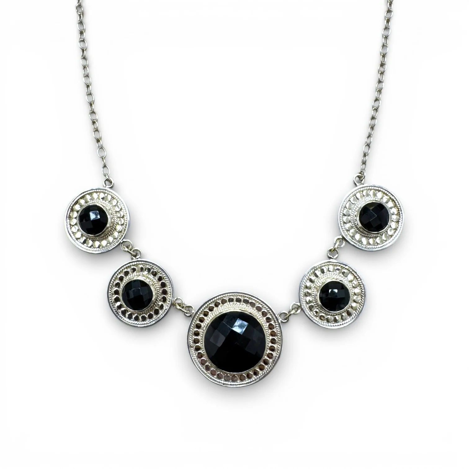 Estate Silver Black Onyx Medallion Bib Necklace