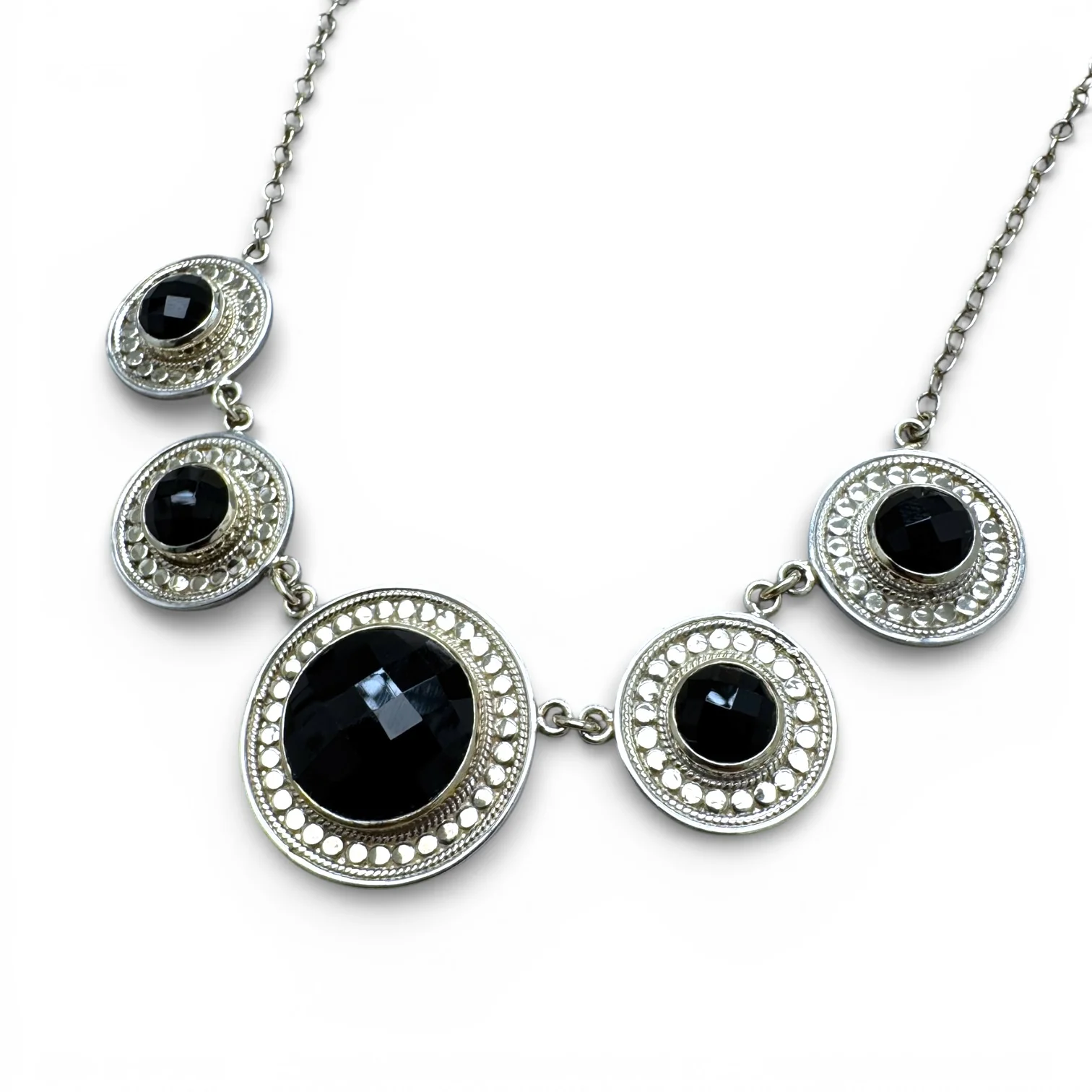 Estate Silver Black Onyx Medallion Bib Necklace - Image 2