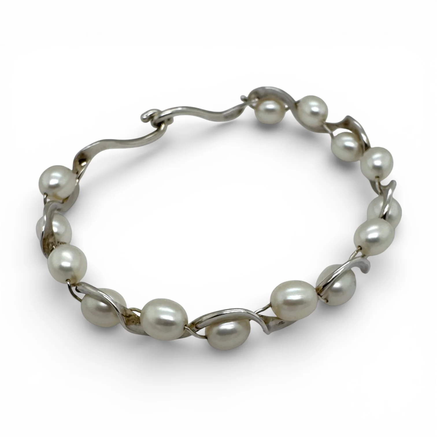 Estate Silver Freshwater Pearl Wave Bracelet
