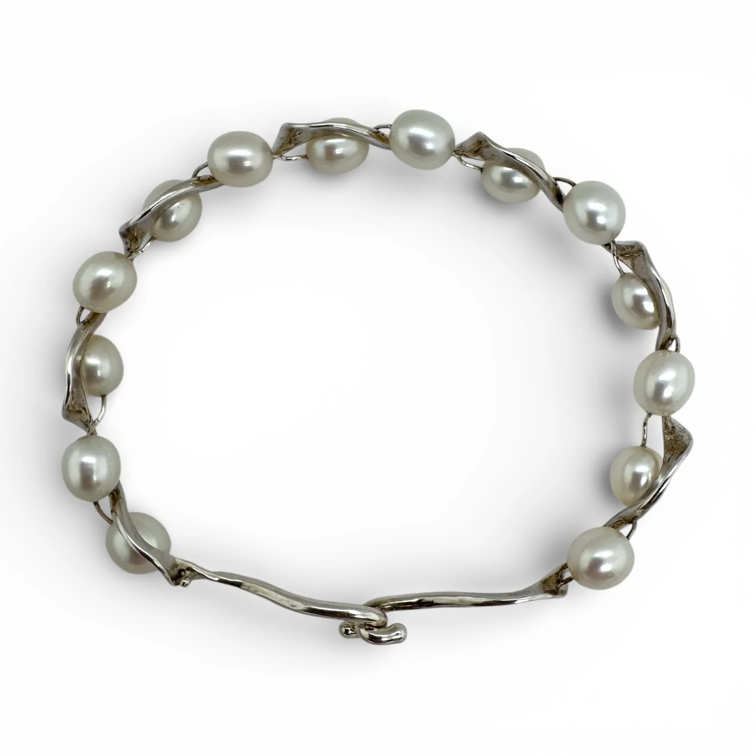 Estate Silver Freshwater Pearl Wave Bracelet - Image 2