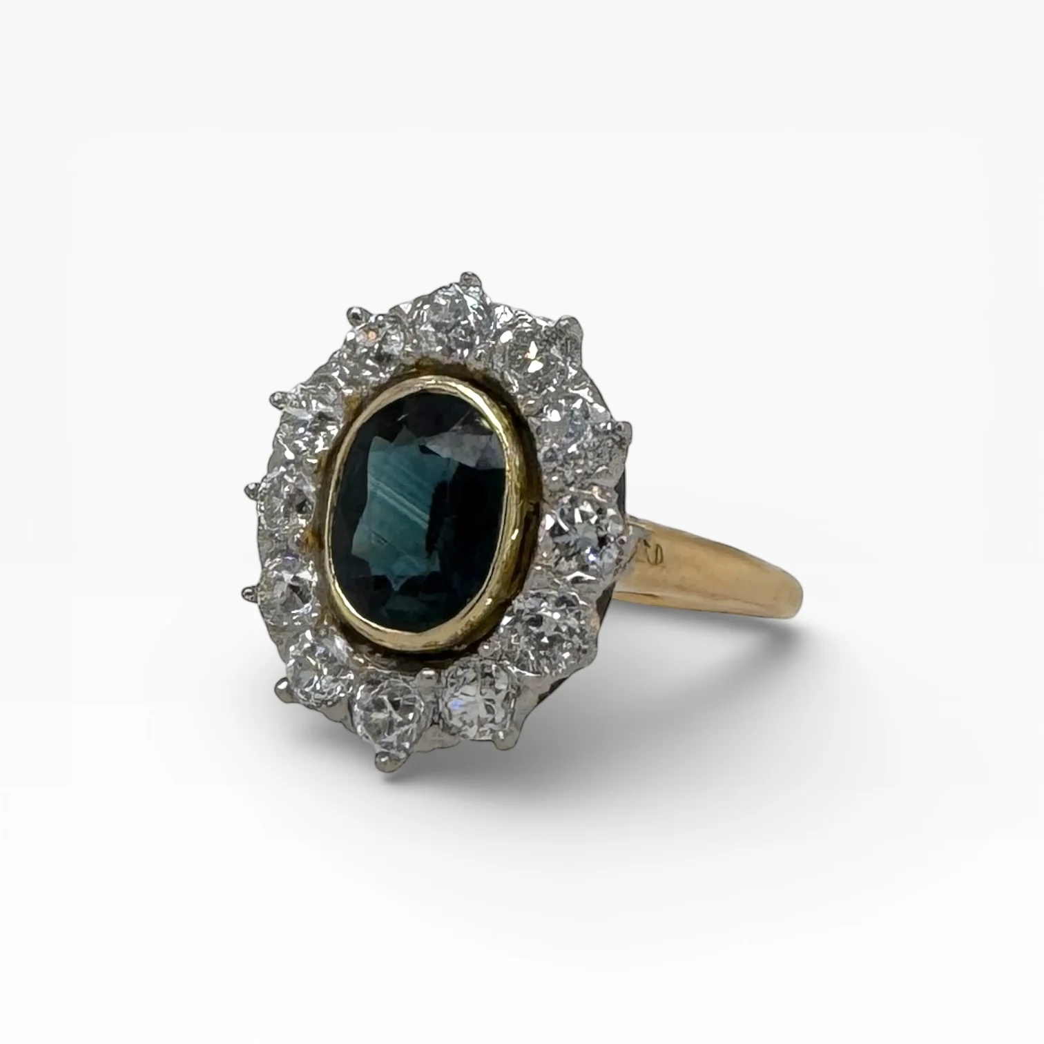Estate Teal Sapphire & Old European-cut Diamond Ring