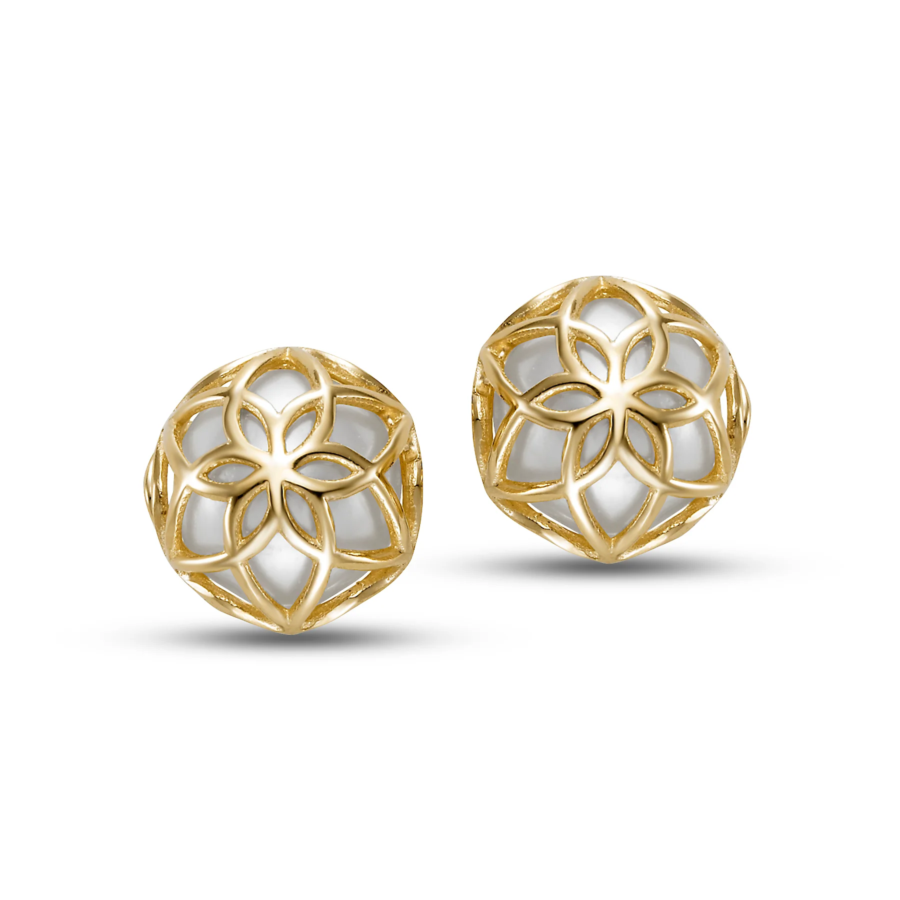 Floral Caged Pearl Stud Earrings - Image 2