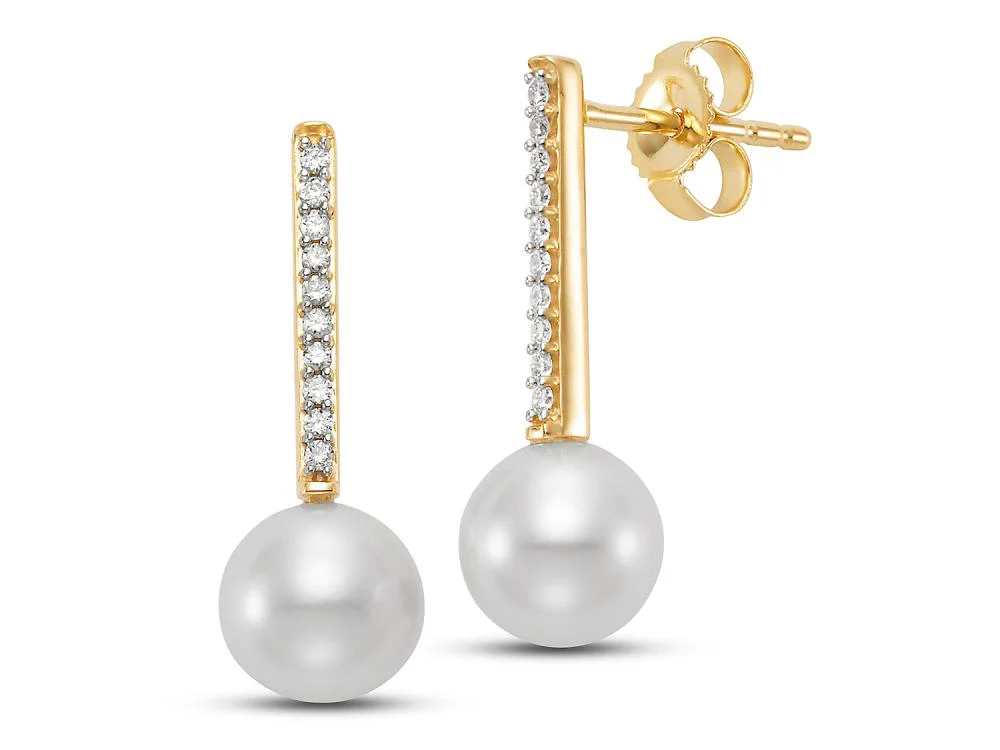 Freshwater Pearl & Diamond Line Drop Earrings