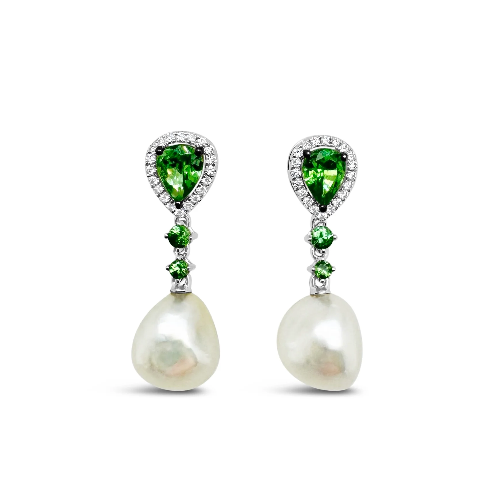 Green Garnet, South Sea Pearl & Diamond Drop Earrings