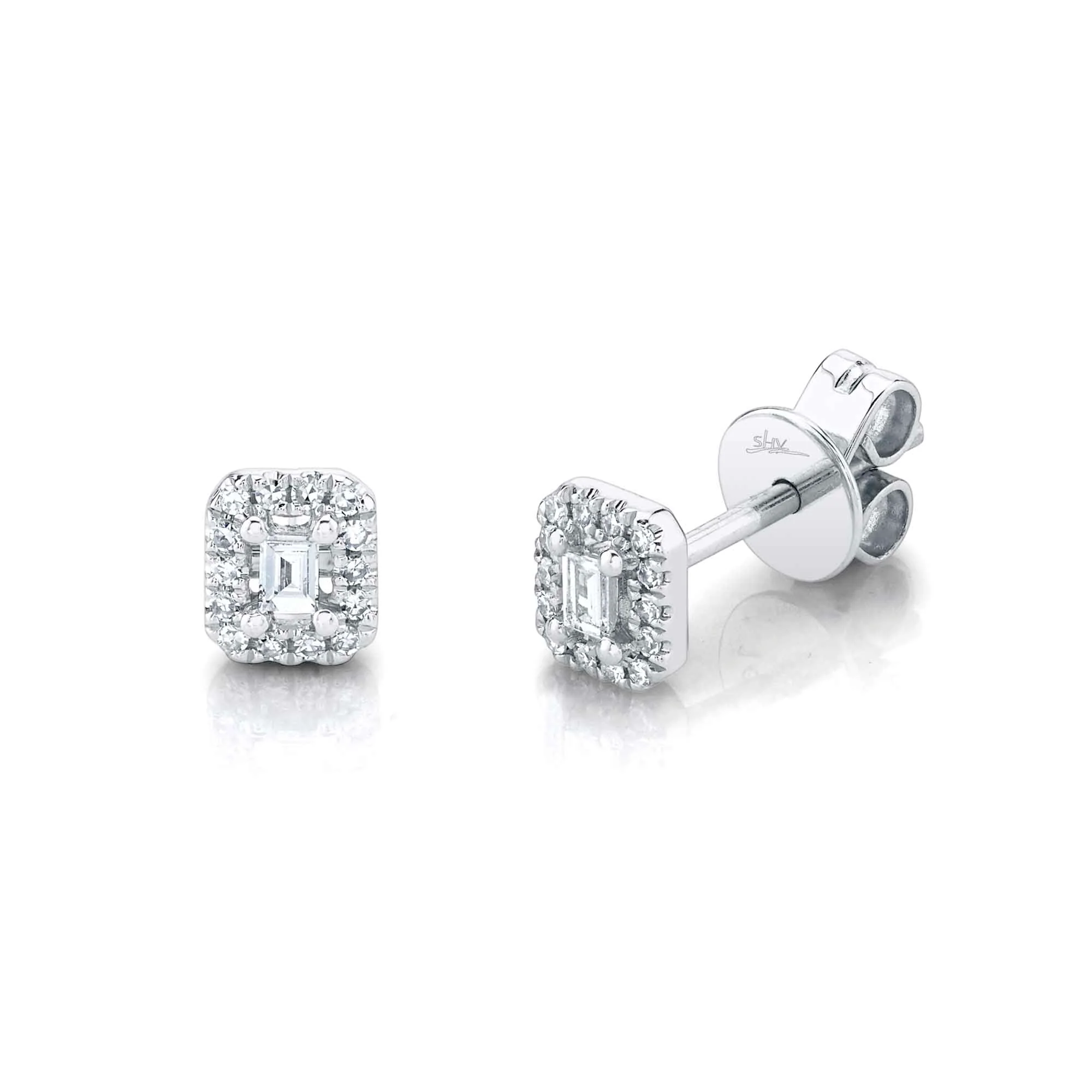Mini Baguette Diamond Halo Stud Earrings