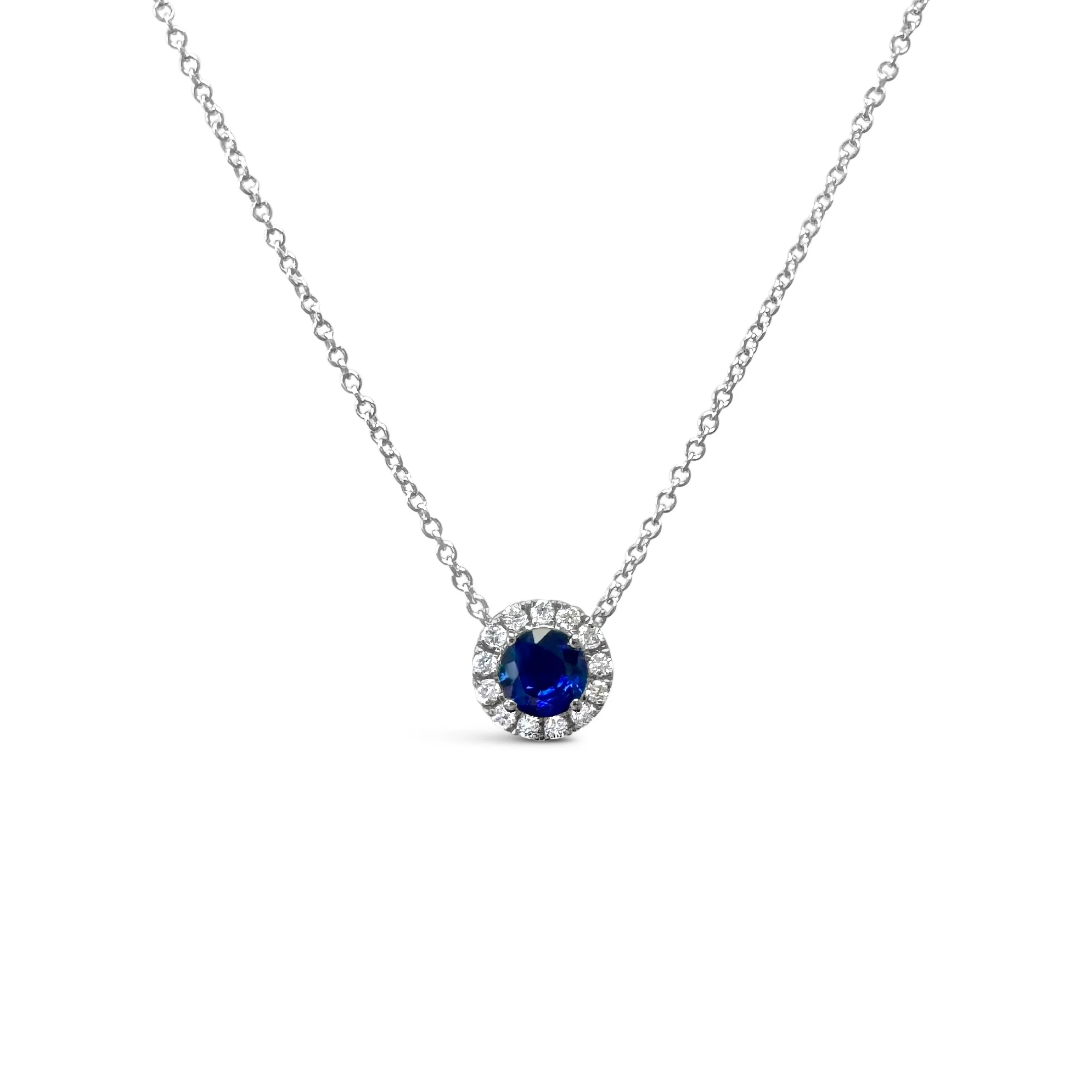 Petite Round Blue Sapphire & Diamond Halo Pendant