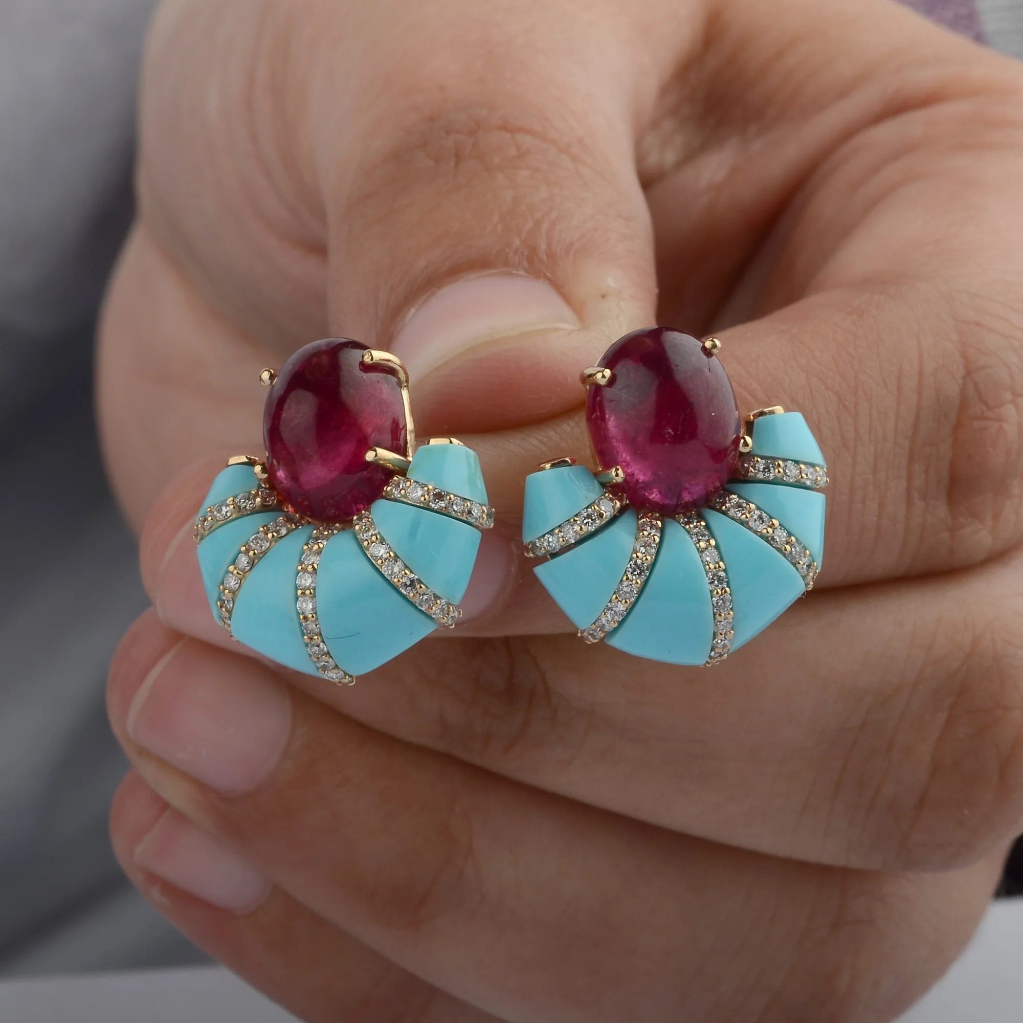 Pink Tourmaline, Turquoise & Diamond Earrings - Image 2