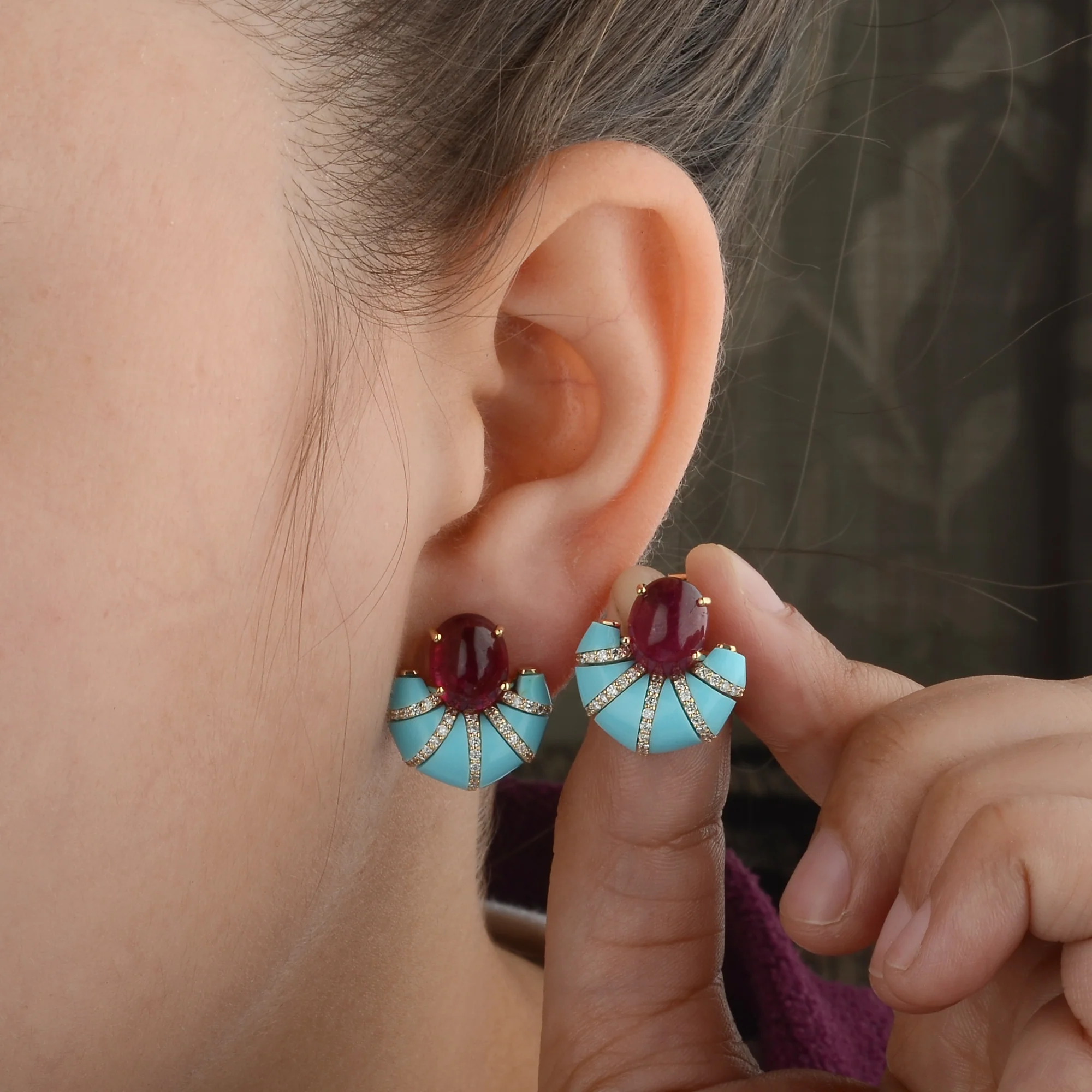 Pink Tourmaline, Turquoise & Diamond Earrings - Image 3