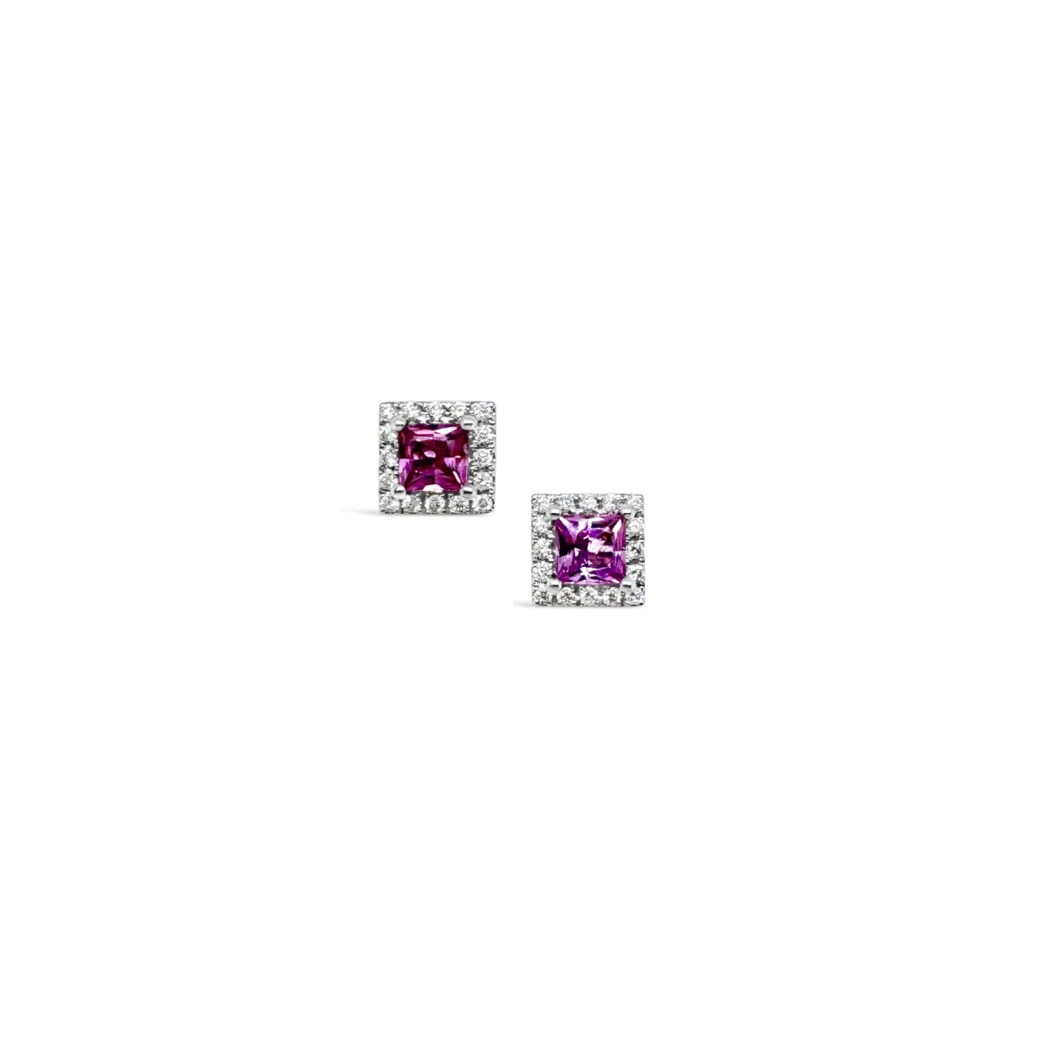 Square Pink Sapphire & Diamond Halo Stud Earrings - Image 2