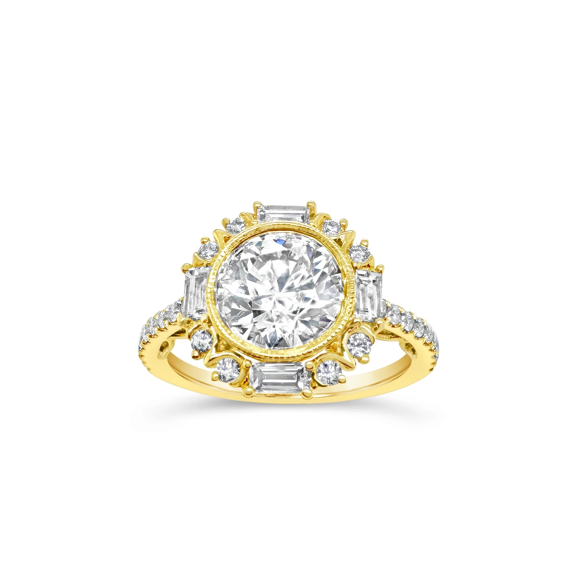 Round & Baguette Halo Diamond Engagement Ring