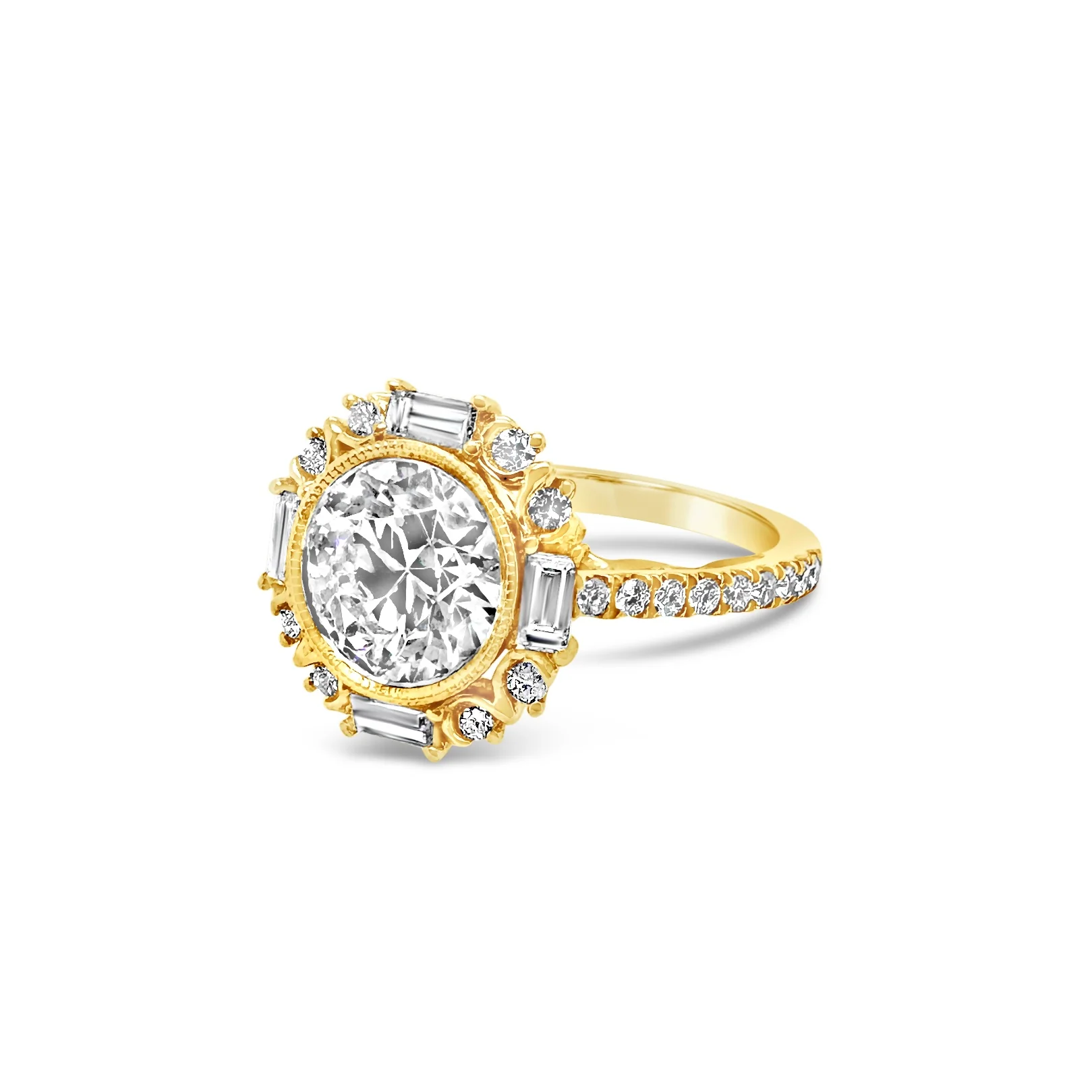 Round & Baguette Halo Diamond Engagement Ring - Image 4