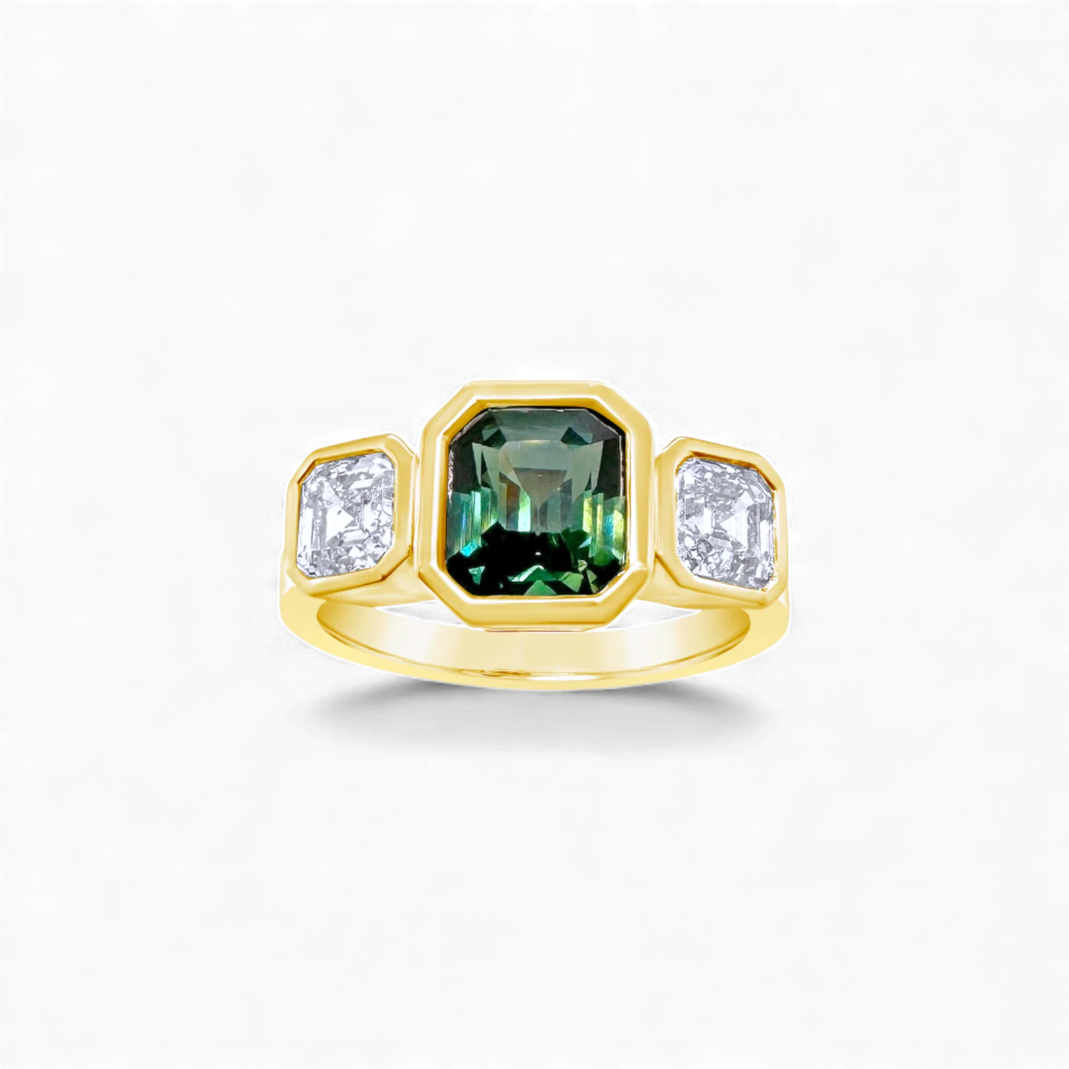 Teal Sapphire & Diamond Bezel Trilogy Ring
