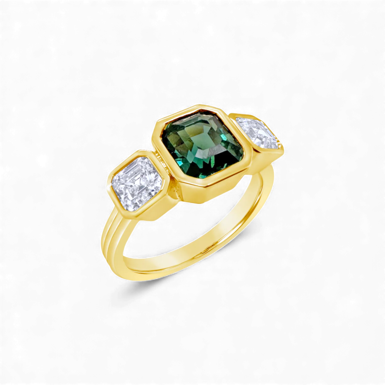 Teal Sapphire & Diamond Bezel Trilogy Ring - Image 2
