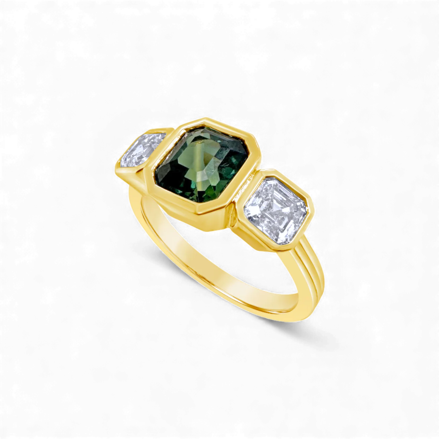 Teal Sapphire & Diamond Bezel Trilogy Ring - Image 3