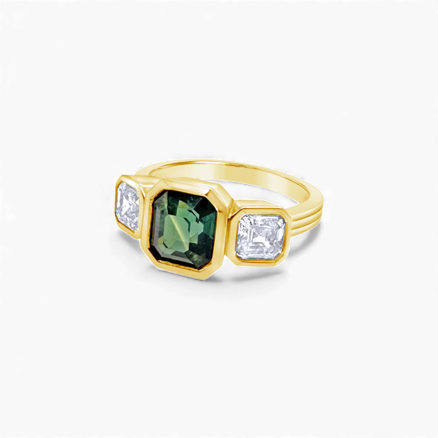 Teal Sapphire & Diamond Bezel Trilogy Ring - Image 4