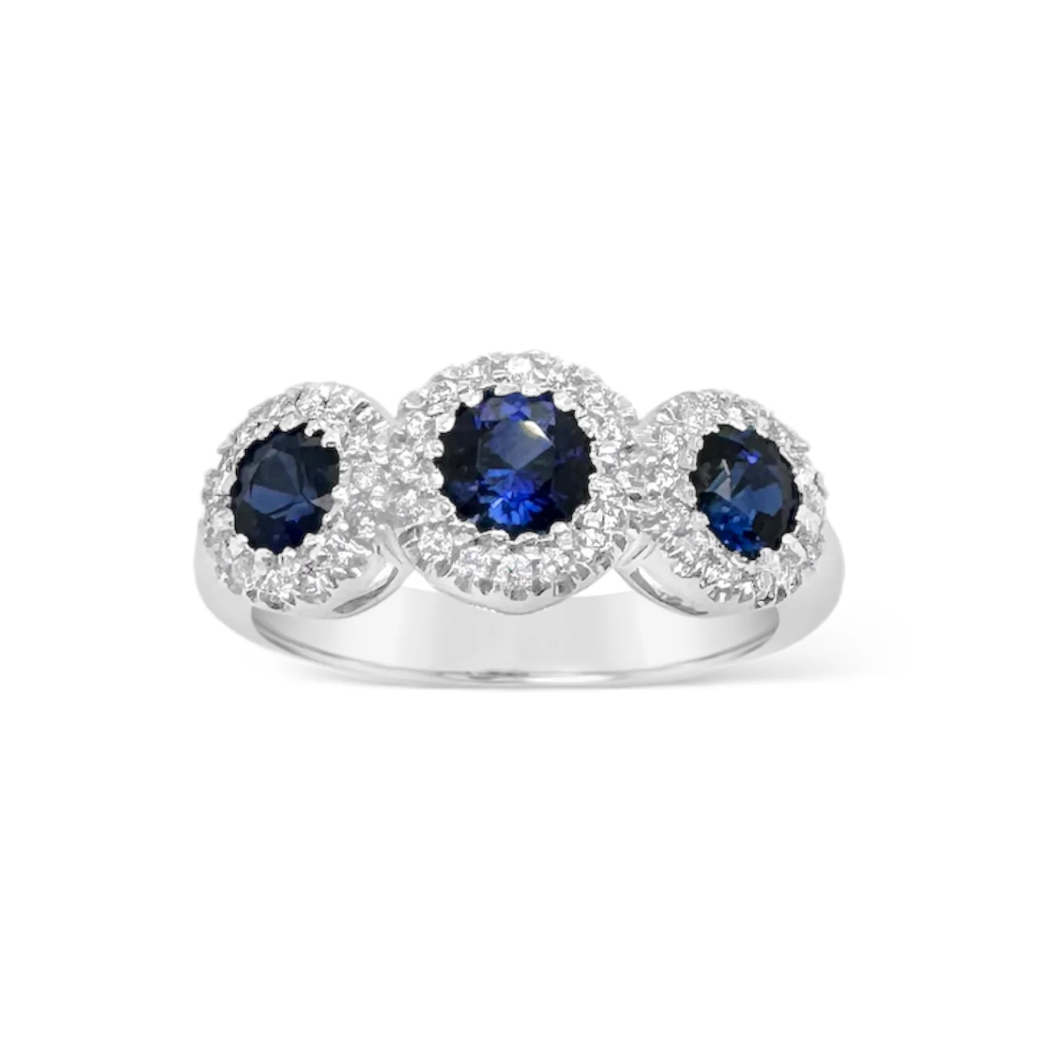 Triple Ceylon Sapphire & Diamond Halo Ring