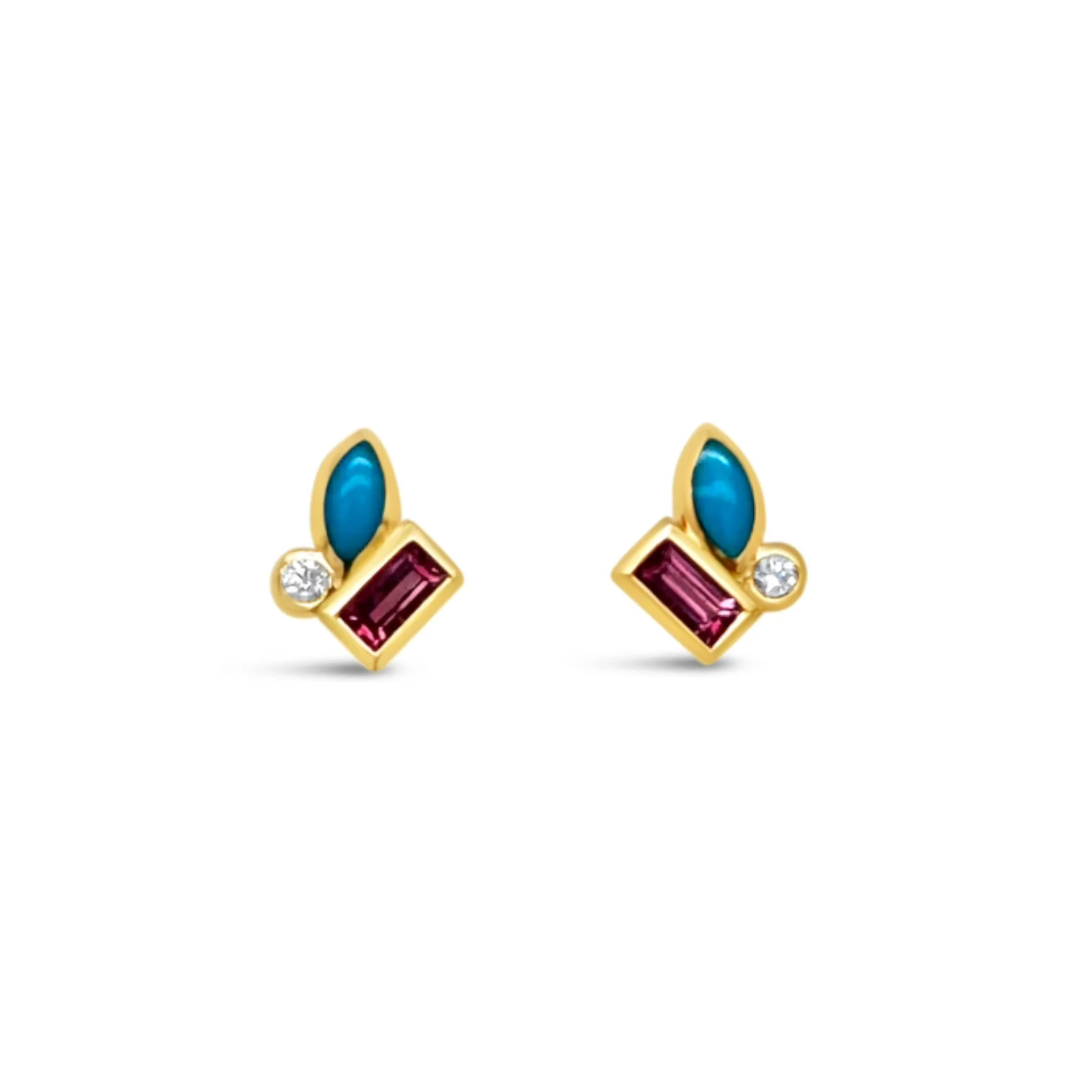 Turquoise, Pink Tourmaline & Diamond Cluster Stud Earrings