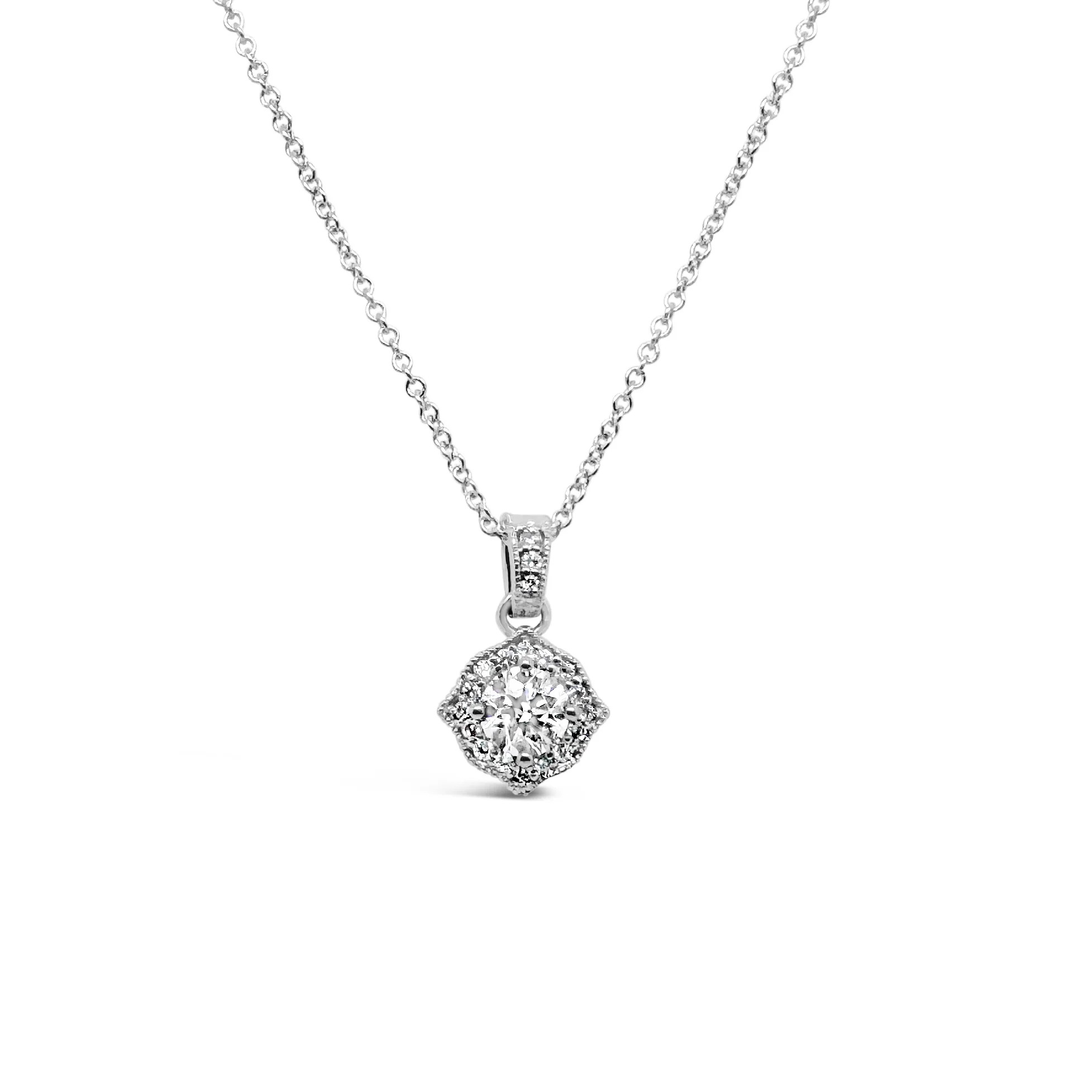 Vintage Style Diamond Halo Pendant Necklace
