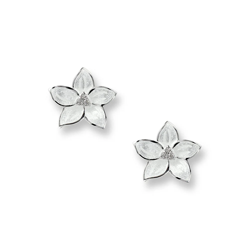 White Enamel Bridal Flower Stud Earrings