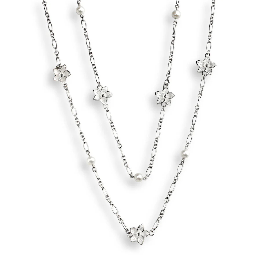 White Enamel & Freshwater Pearl Flower Station Necklace